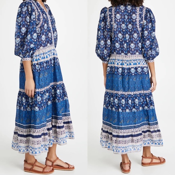 SEA NEW YORK Brigitte Border Puff Sleeve Print Dress in Navy Sz L - Picture 2 of 9